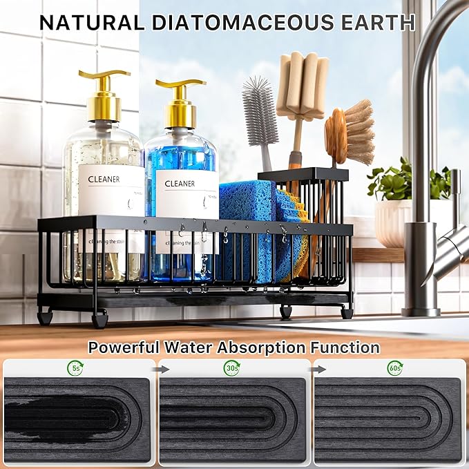 Cisily 10.62'' Sponge Holder for Kitchen Sink, Sink Caddy Organizer with High Brush Holder, Kitchen Countertop Organizers and Storage Essentials, Rustproof 304 Stainless Steel (Black with Stone Tray - Image 3