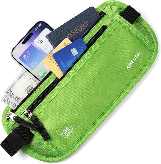 RFID Blocking Money Belt - Passport Holder & Travel Wallet, Slim Hidden Fanny Packs for Women Men - Green - Image 3