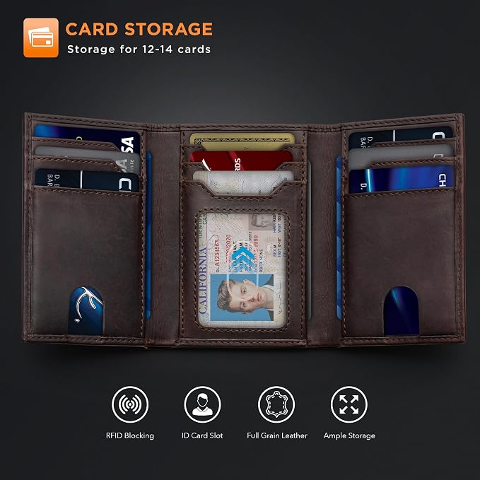 SERMAN BRANDS Trifold Wallet for Men - RFID Blocking Full Grain Leather, 11 Card Slots & ID Window, Slim Everyday Carry, Durable Stitching, Gift for Him - Image 4