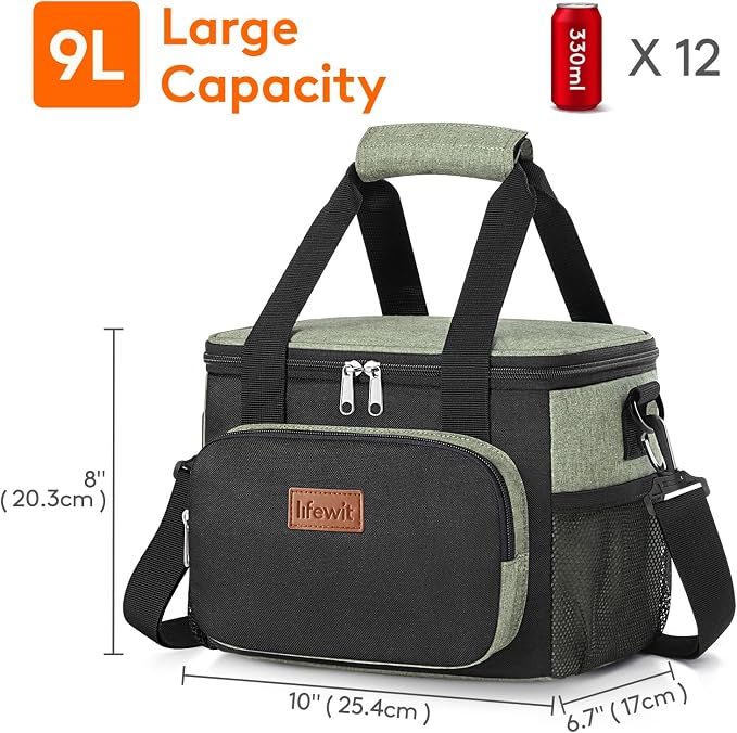 Lifewit Medium Lunch Bag, Insulated Lunch Box, Soft Cooler Cooling Tote for Adult Men Women, Black and Green 12-Can (9L) - Image 3