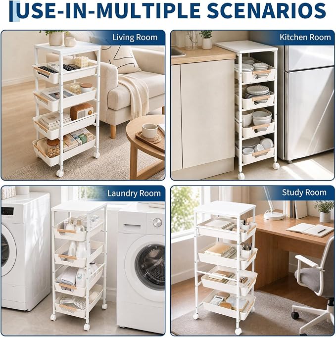 Garvee 5-Tier Slim Rolling Storage Cart, 9.5" Wooden Top Narrow Kitchen Carts on Wheels with Pull-Out Baskets, Mobile Shelving Unit Organizer for Kitchen, Bathroom, Laundry Room, Small Spaces - Image 7