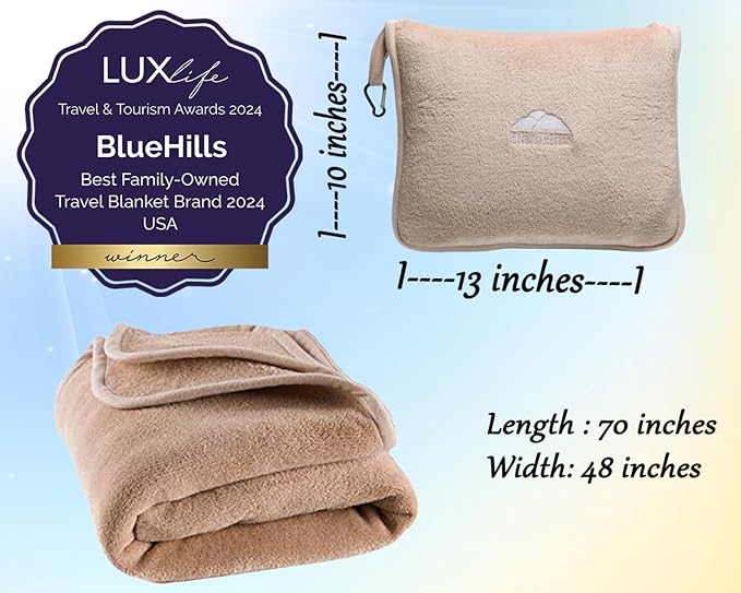 BlueHills Premium Soft Long Travel Blanket Pillow Tall, Airplane - Beige | Tall Travel Blanket Pillow in Bag, Backpack Clip, Ultrasoft Compact & Large, Long Flight Throw, Plane Essential Accessories - Image 5