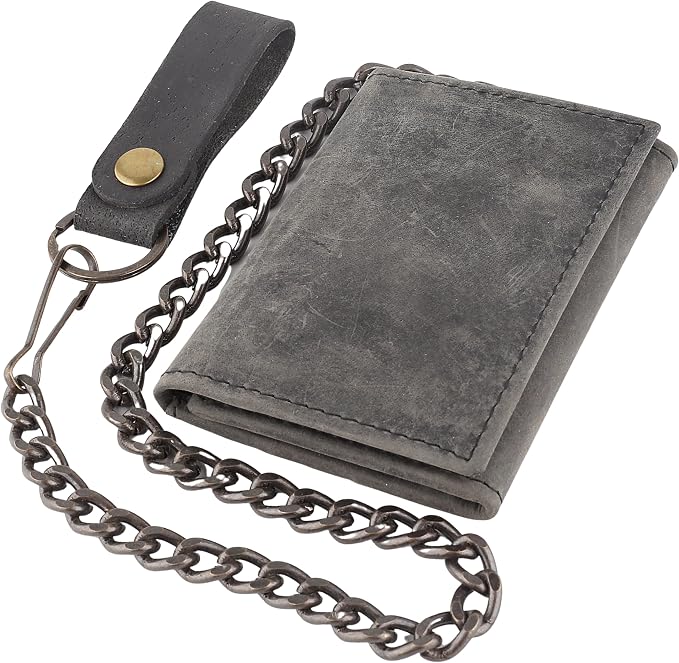 F&L CLASSIC RFID Blocking Men's Tri-fold Vintage Biker Cowhide Leather Steel Chain Wallet,Snap closure,black charcoal, 315-900 by FLCLASSIC