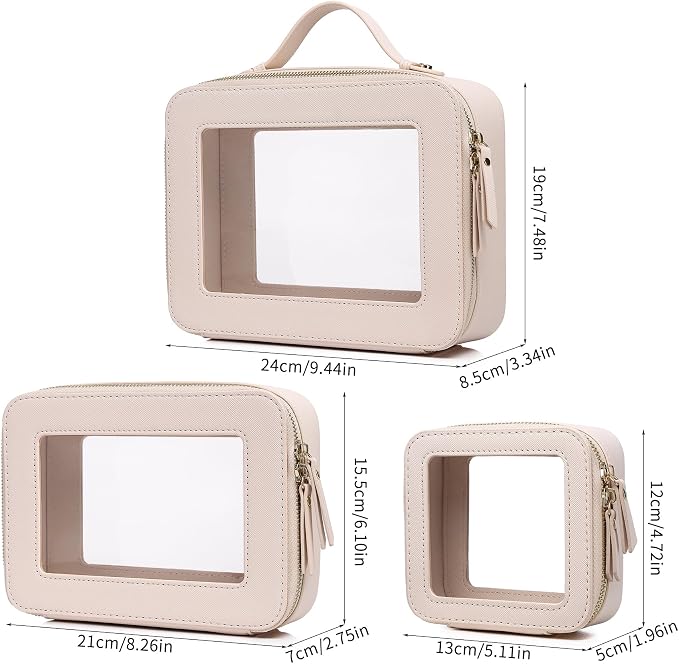 Pinkmik Clear Makeup Bag, (Beige, L+M+MINI) | Waterproof, Travel Case for Cosmetics and Toiletries, Women's Purse Organizer, Clear Car Bag with Zipper - Image 5