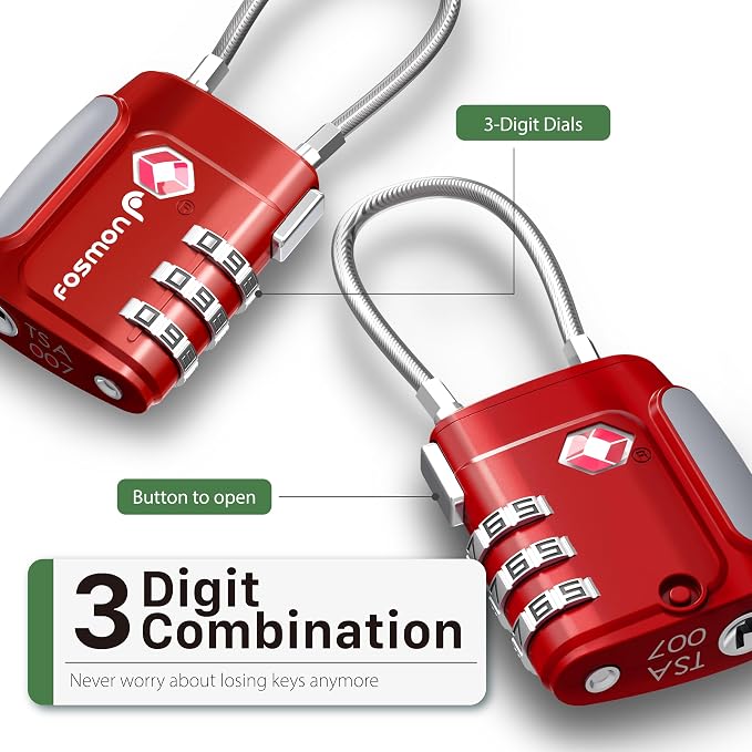 Fosmon TSA Approved Cable Luggage Locks, 3 Digit Combination, 2 Pack Red | Push Release Button, Re-settable Combo, Durable Alloy Body, Suitcase Travel Lock, Travel Bag Cable Padlock - Image 3