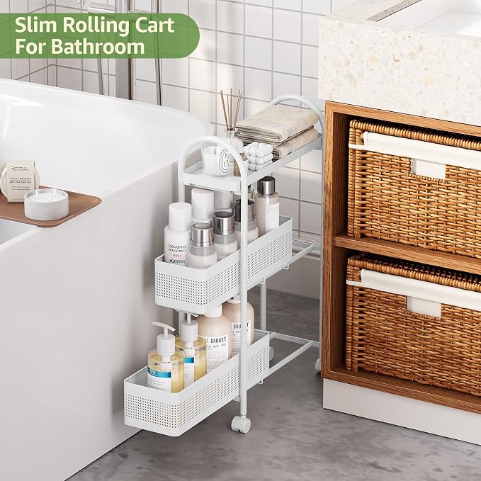 KINGRACK 3 Tier Slim Rolling Cart with Drawer, Metal Utility Storage Cart | 2 Pull-out Baskets, Lockable Wheels, Narrow Space Trolley Organizer for Bathroom, Kitchen, Office, Dorm, Laundry Room, White - Image 8