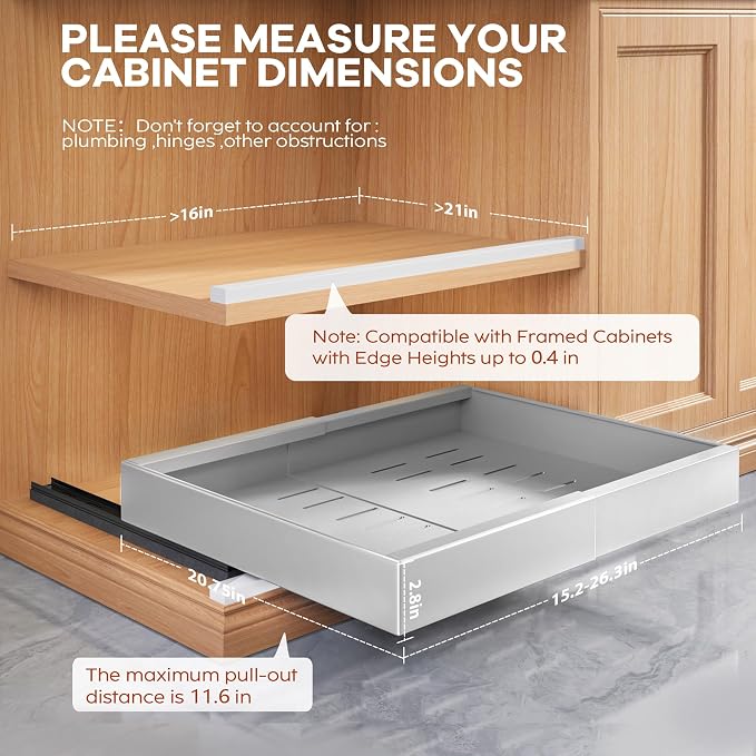 Seinloes 2 Pack Expandable Pull Out Cabinet Organizer 21"Deep With Raising Pad for Framed Cabinets,Upgrade 3 Slide Rails Slide Out Drawers,Roll Out Shelves Adhesive,Adjustable Width 15.15"-26.3"Silver - Image 2