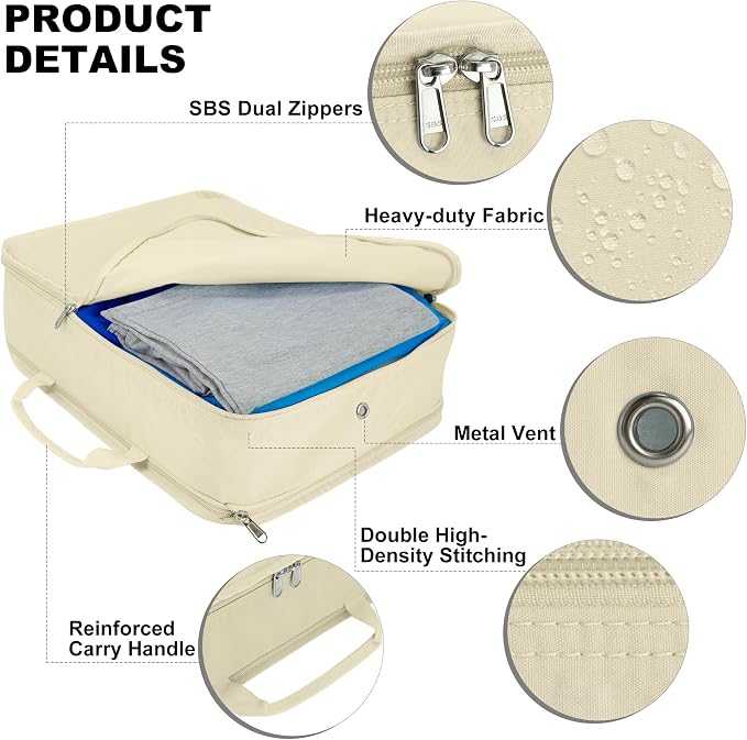 Compression Packing Cubes Travel Packing Suitcase Organizer Bags, Beige | Heavy Duty Expandable Travel Cubes for Packing Luggage Organizer Bags Compression Bags for Travel Essentials - Image 3