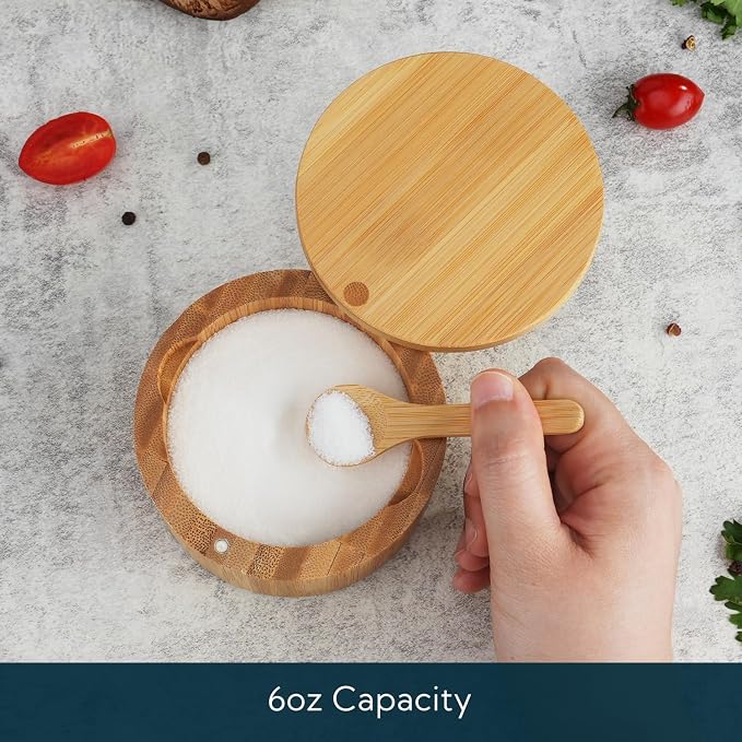 KITCHENDAO Bamboo Salt Cellar Bowl Box Container with Built-in Spoon, Elegant Kitchen Salt Dish Holder Saver Jar with Swivel Magnetic Lid to Storage Pepper Spice, 6OZ - Image 2