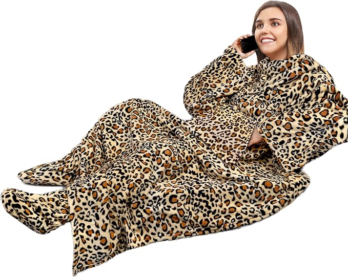 PAVILIA Sherpa Blanket with Sleeves, Foot Pocket for Women Men Adults, Thick Wearable Blanket Throw Wrap, Fleece Warm Snuggle Blanket Robe, Cozy Gift Ideas Wife Mom, Cheetah Print by PAVILIA