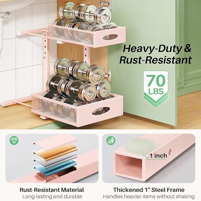 Under Sink Organizer, 1-Pack Pull Out Cabinet Organizer 2 Tier Metal Slide Out Storage Shelf Rack, L-Shaped Adjustable Height,Mesh Sliding Drawer for Kitchen, Bathroom, Laundry, Pantry, Pink, XL - Image 6