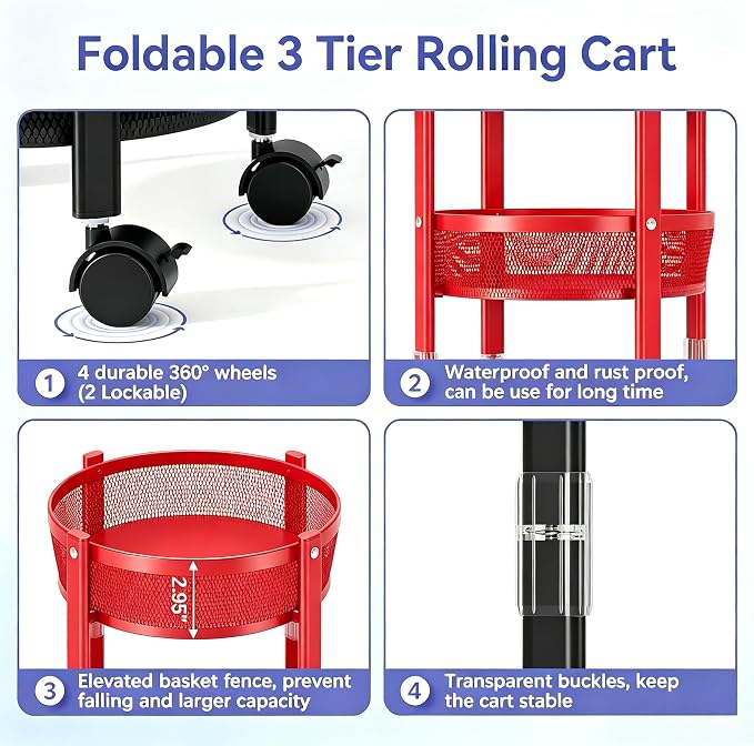 3-Tier Foldable Rolling Cart, Collapsible Metal Utility Cart with Wheels, Assembly-Free, Round Storage Organizer Trolley for Kitchen, Bathroom, Dorm, Nursery-Red - Image 9