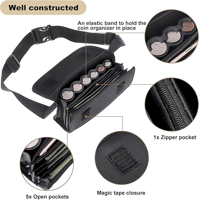 BSTKEY 2 Pack US Coin Holder Coin Dispenser, Fanny Pack with Banknote Waiters Purse Coin Sorter Coin Organizer, Black Coin Storage Bag with Belt for Waitress Server Collector Cashier Change - Image 4