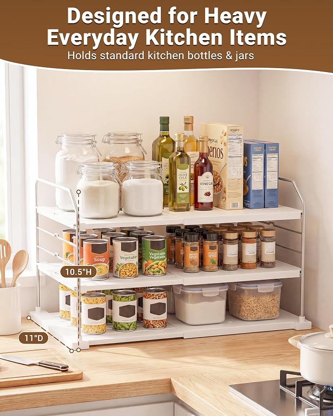 EVERIE Extendable 3-Tier Kitchen Cabinet & Pantry Organizer for Plastic Wrap, Foil & Storage Bags, Adjustable Heavy Duty Shelf Rack for Wrap Boxes, Jars & Snack Boxes (11–16.7 in Wide), Pack of 2 - Image 4