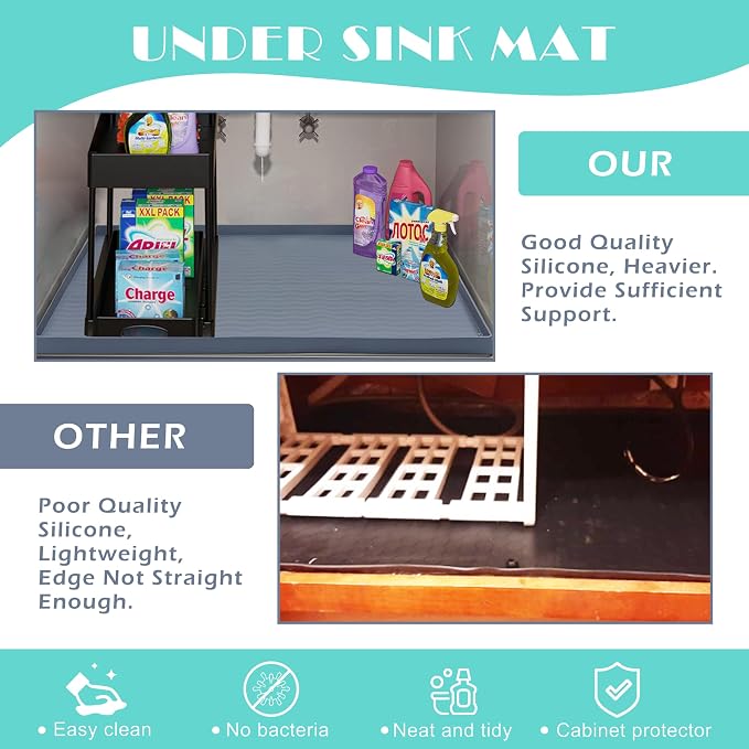 URMONA Waterproof Silicone Under Sink Mat 31'' x 22'' Shelf Liner for Kitchen and Bathroom, Cabinet and Counter Protector, Storage and Organizers, Litter Mat, Pet Cat Puppy Essentials(Beige) - Image 5