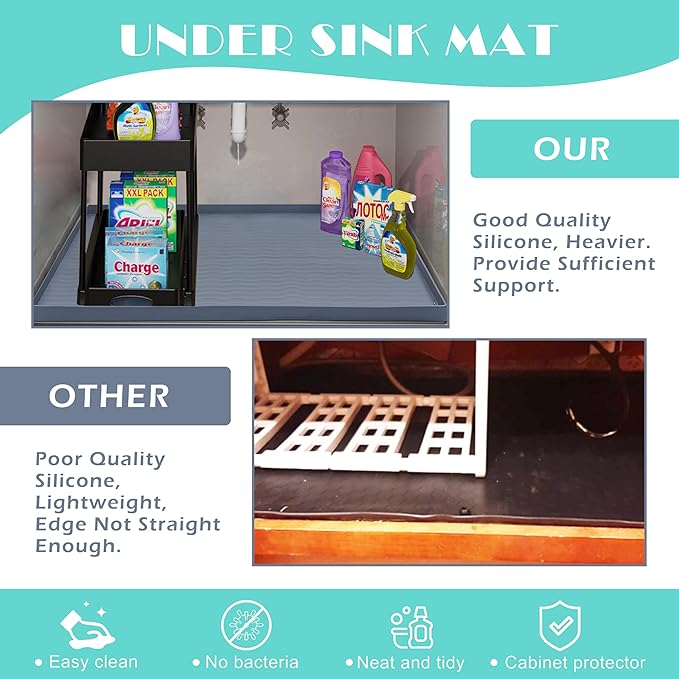 URMONA Waterproof Silicone Under Sink Mat 34'' x 22'' Shelf Liner for Kitchen and Bathroom, Cabinet and Counter Protector, Storage and Organizers, Litter Mat, Pet Cat Puppy Essentials(Beige) - Image 5