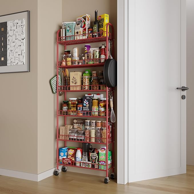 Slim Rolling Storage Cart 6 Tier, Metal Kitchen Rolling Utility Cart with Lockable Wheels for Kitchen, Bathroom, Office, Laundry Room, Small Narrow Spaces (Red 6 Inches) - Image 3