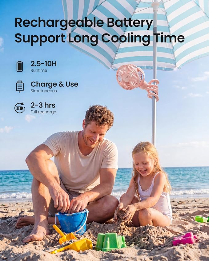 Gaiatop Mini Portable Stroller Fan, Battery Operated Small Clip on Fan, Detachable 3 Speed Rechargeable 360° Rotate Flexible Tripod Handheld Desk Cooling Fan for Car Seat Crib Treadmill Travel Pink | 360° Rotate Flexible Tripod, Battery Operated Detach... - Image 5