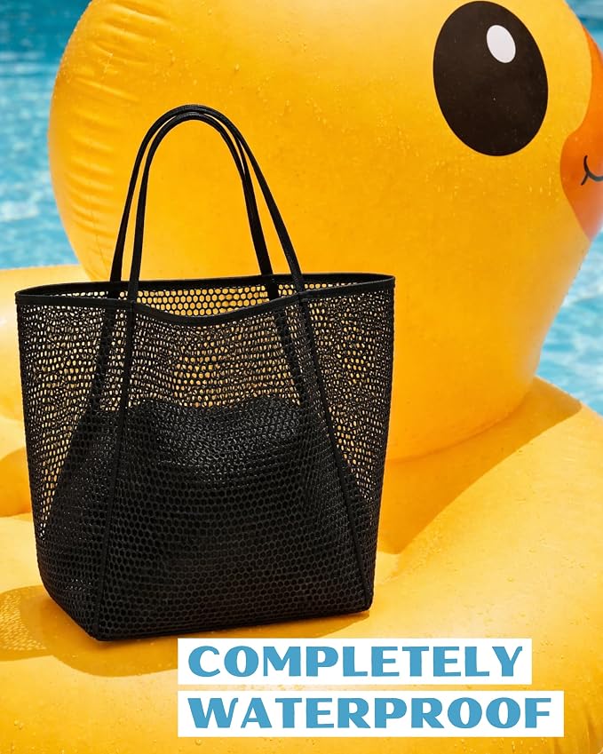 Rave Envy Large Mesh Beach Tote Bag - Waterproof Pool & Travel Beach Bag | Large Capacity | Sturdy Base | Lightweight Foldable Design | Quick-Drying Breathable Fabric | Spacious Multi-Pocket Storage - Image 7