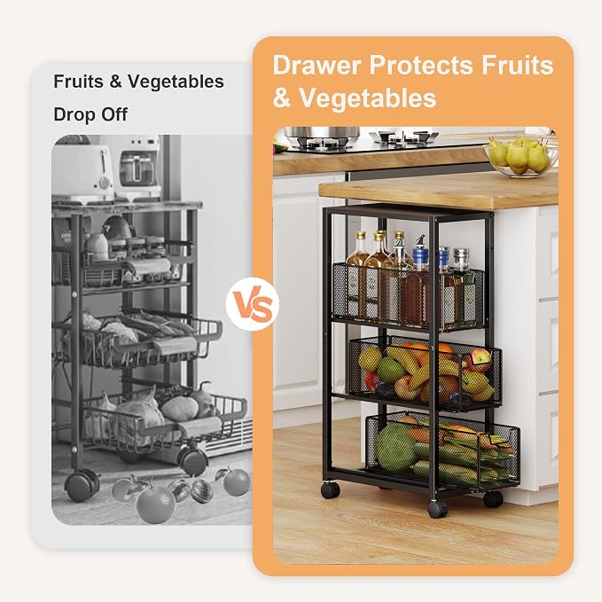 4 Tier Narrow Kitchen Rolling Cart, 9.1" Wide Slim Kitchen Storage Cart with Pull-Out Baskets, Adjust Pantry Organizer and Storage Cart with Wheels, Multifunctional Fruit Vegetable Spice Storage Cart - Image 7