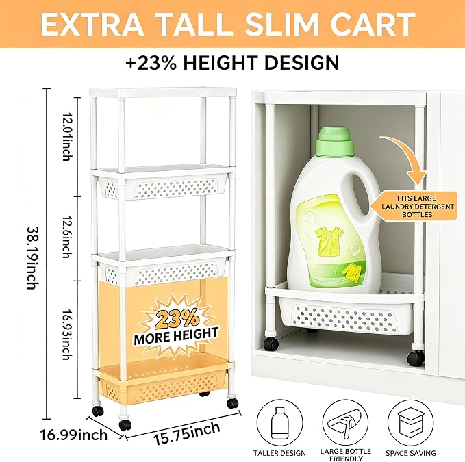 Slim 4 Tier Rolling Storage Cart Narrow Bathroom Organizer on Wheels White | 6.7" wide for tight bathroom/kitchen gaps, extra-tall tier, 360° casters, quick-dry shelves, tool-free storage rack - Image 3