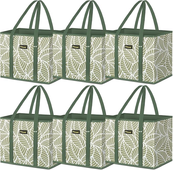 BALEINE 6PK Reusable Grocery Bags, Heavy Duty Shopping Tote Bag | 12'' Long Handles, Reinforced Bottom Keeps Upright, Fold Flat Storage, Water-Resistant Shopping Bag, Multiple Color Options by BALEINE