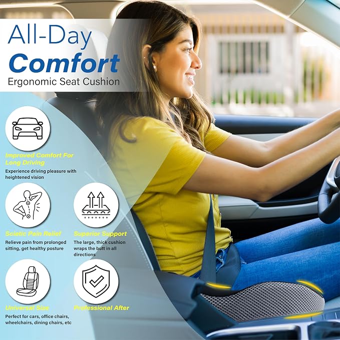 Allaboutsla Car Seat Cushion for Driving, Car Seat Pillow for Short Drivers | Ergonomic Memory Foam Seat Cushion for Pain Relief, Adult Booster Seat for Car, Butt Cushion for Car, Truck, Office, B&G - Image 2