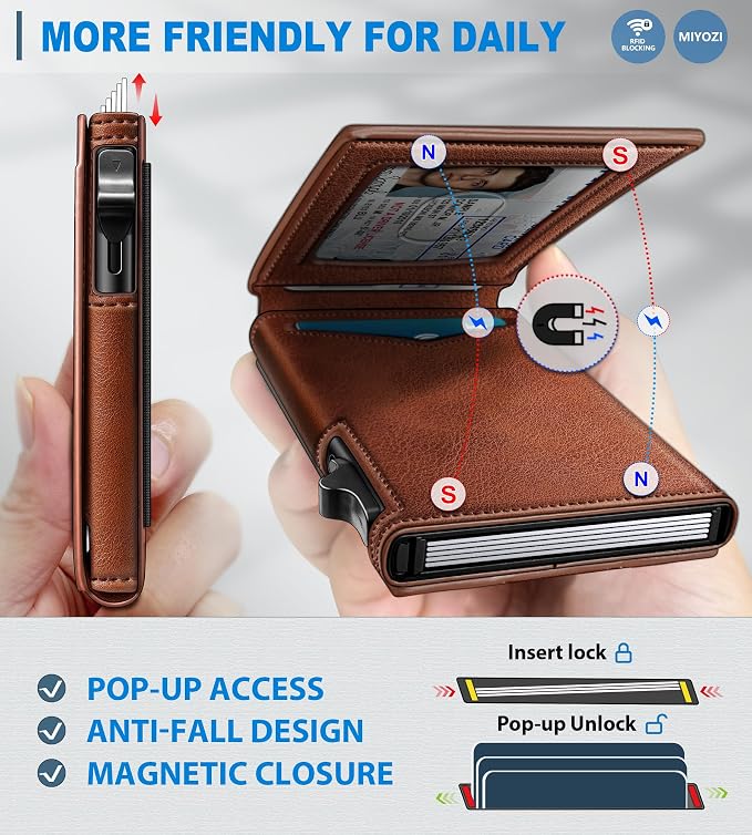 Wallet for Men, Slim Pop Up Card Holder - RFID Blocking Minimalist Bifold Wallet with ID Window, Holds 9-11 Cards & Stretchable Strap, Metal Flip Case with Magnetic Closure, Gift Box - Image 3