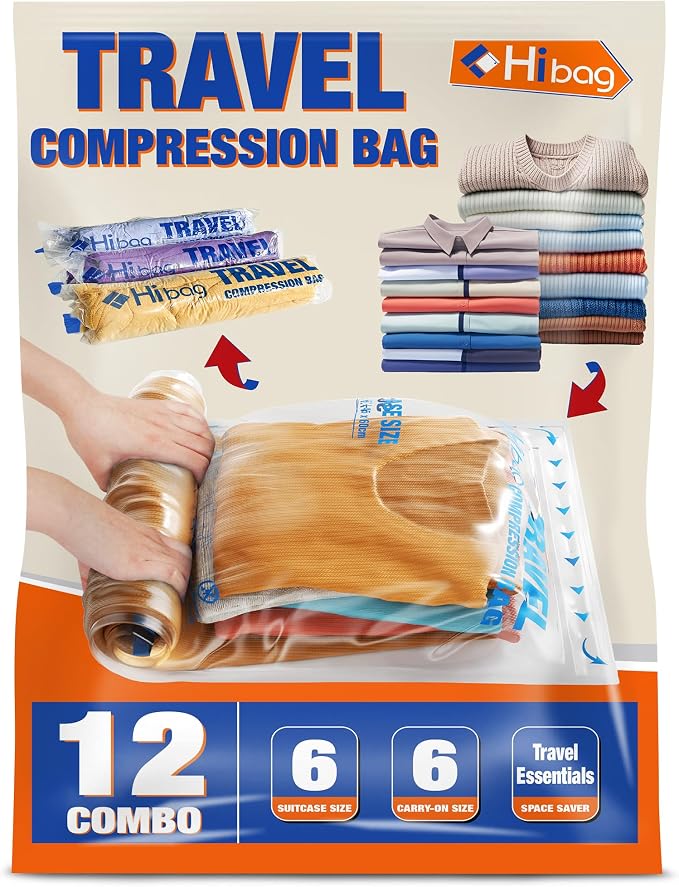 Compression Bags for Travel Essentials, Roll Up Bags No Vacuum Needed | for Cruise Flight, Extra Thick, Luggage Size Carry-on Suitcase Backpack, Waterproof by HIBAG