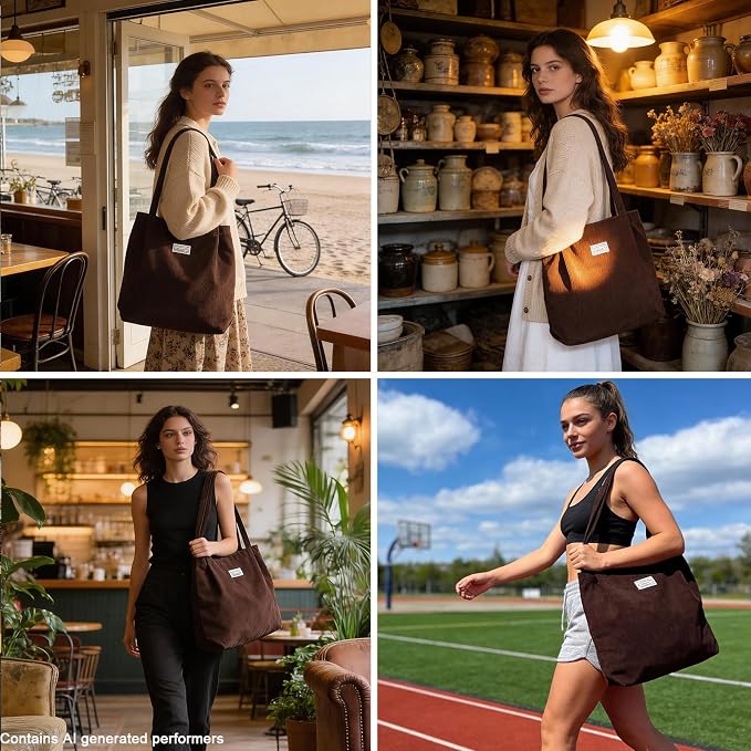 UERRUAM Corduroy Tote Bag for Women with Inner Pockets, Cute Go-to Bag | Slouchy Shoulder Bag for Everyday, Work, Books, Beach & Grocery Shopping, Lightweight Washable Foldable, Cloth Purse - Image 2