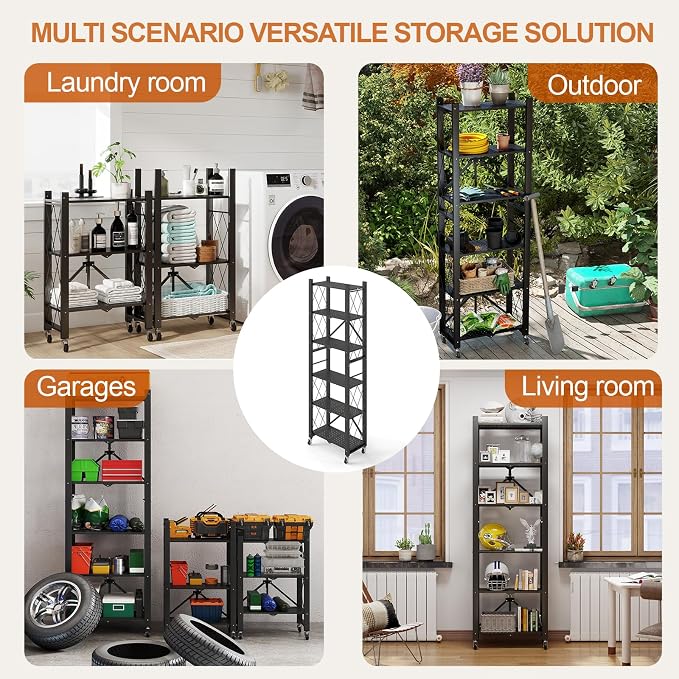 6-Tier Foldable Storage Shelves with Wheels Folding Bookshelf no Assembly | Folding Metal Shelf Unit, Collapsible Shelves for Craft Shows for Kitchen, Bedroom, Living Room, Black - Image 8