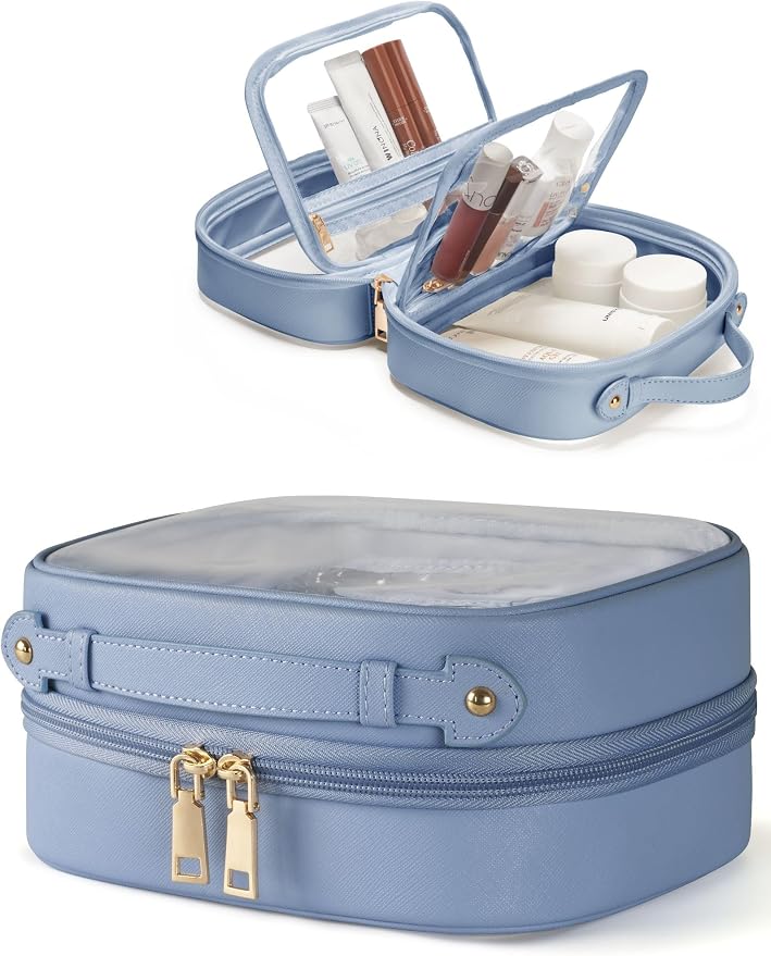 Clear Cosmetic Bag Double Layer Travel Toiletry Bag Clear Makeup Bag Case with 4 Compartments, Transparent Travel Bag for Toiletries, Large Toiletry Bag for Women Cosmetic Case (Dusty Blue, Small) by Oaque