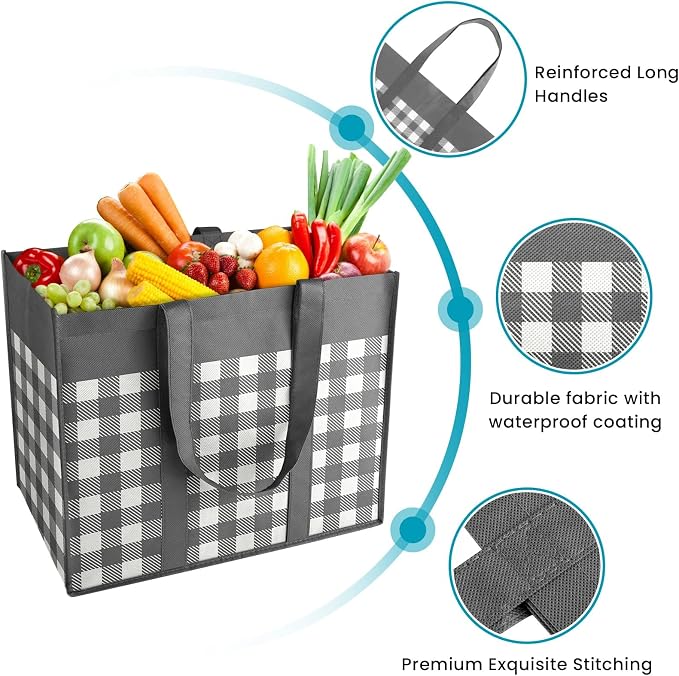 WOWBOX Reusable Grocery Bags,10-Pack, Foldable Reusable Shopping Tote Bags bulk with Reinforced Handles,Large Storage Bags with Water Resistant Coating for Groceries,Multipurpose,Grey-White - Image 5
