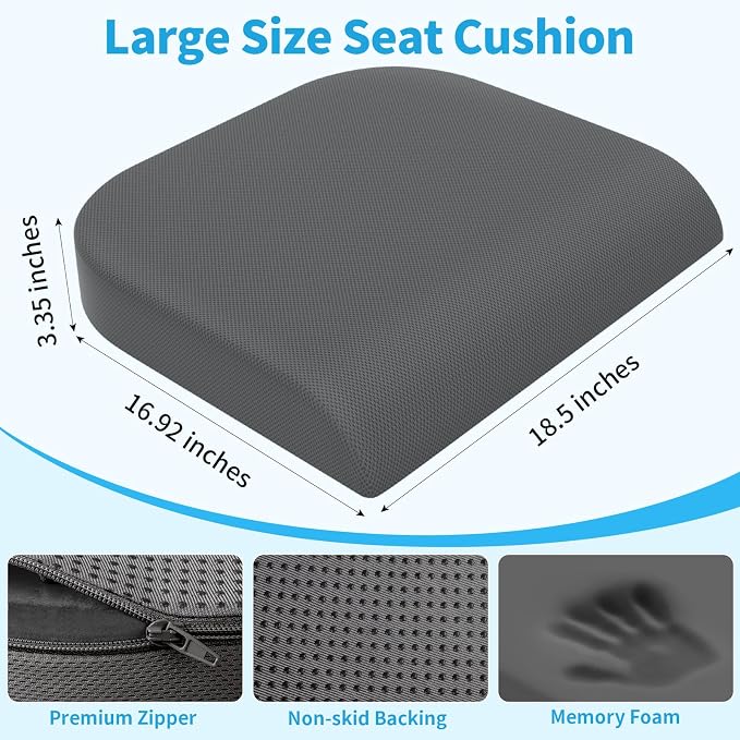 TranquilRelax XL Memory Foam Seat Cushion for Office Chair, 3.35-Inch, Gray | Medium-firm Support for Long Sitting, Washable Mesh Cover, Non-slip Base, Perfect for Car Seats & Short Drivers - Image 3