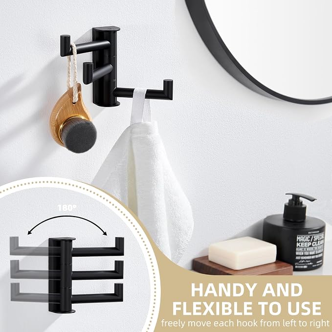 Angle Simple Swivel Towel Hook 3 Arms, Robe Coat Wall Hook, Matte Black | SUS304 Stainless Steel, Foldable Hand Bath Towel Holder for Bathroom Kitchen Closet, Sturdy Space Saver, Screws Mounted - Image 7