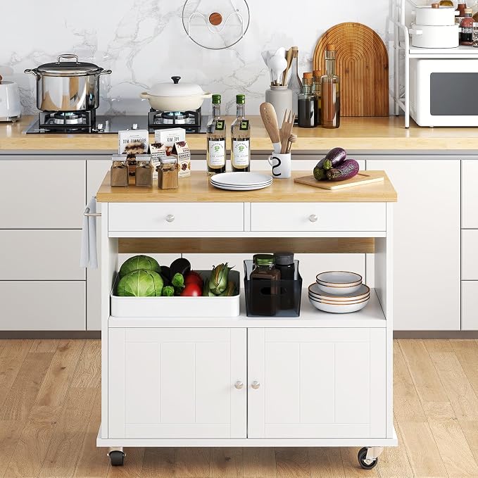 Rolling Kitchen Island with Folding Drop Leaf Breakfast Bar, 35.4'' W Kitchen Cart with Storage Cabinet and 2 Drawers, Portable Mobile Kitchen Island Table with Towel Rack, Lockable Wheels, White - Image 9