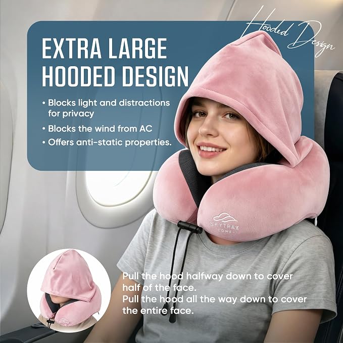 SkytraxComf® Travel Neck Pillow with Hood for Privacy on Long Flights | Memory Foam | Airplane Sleep | Safety-Tested Materials | Extra Large Hood | Chin Support | Earplugs | Washable Cover - Image 2