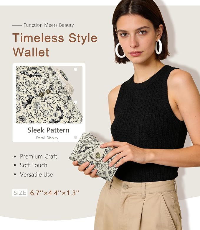 Goth Bat Wallet Women RFID, Passport Holder, Credit Card Holder | 6.7" x 4.4" x 1.3" Bifold, Travel billfold, Zipper Pocket, PU Leather, Clutch, Purse, ID Window, Pen Holder, Gift Ladies Girl - Image 2