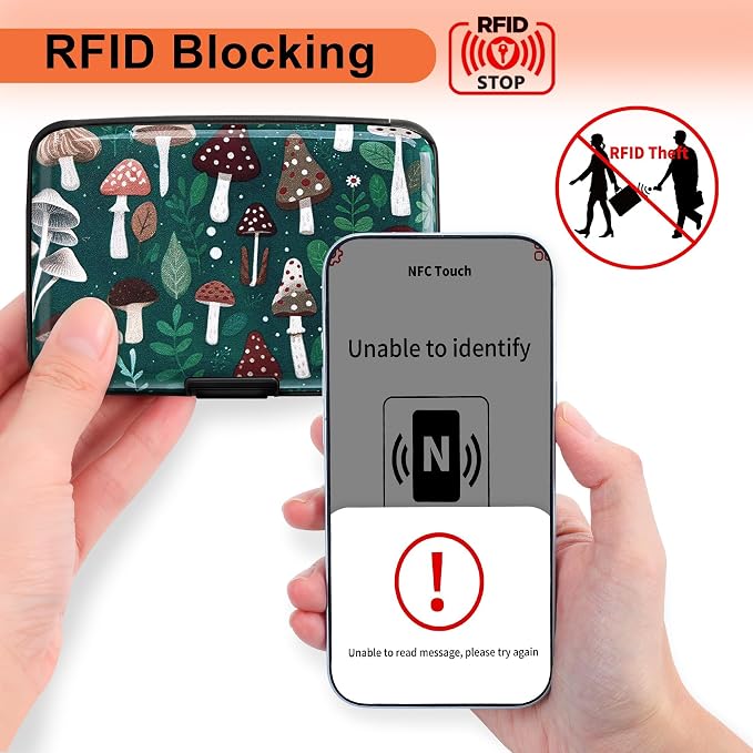 Mayski Credit Card Holder for Women RFID Blocking Wallet, Mushroom | Card Wallets for Women Small Mini Business Metal Accordion Aluminum Alloy Hard Case for Men - Image 2