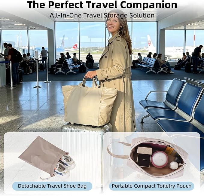 Lightweight Carryall Tote Bag for Women, 25L Expandable Travel Work Bag with Tablet Sleeve, Gym Tote with Yoga Mat Holder & Wet Dry Pocket, 3-Piece Set with Shoe Bag & Cosmetic Pouch (Khaki) - Image 2