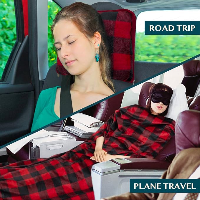 PAVILIA Travel Blanket and Pillow, Arms Opening Airplane Blankets for Adults, Compact Plane Blanket with Arm Hole 2-in-1 Bag for Flight Car Camping Luggage Backpack Traveler Gift, Checkered Red - Image 6