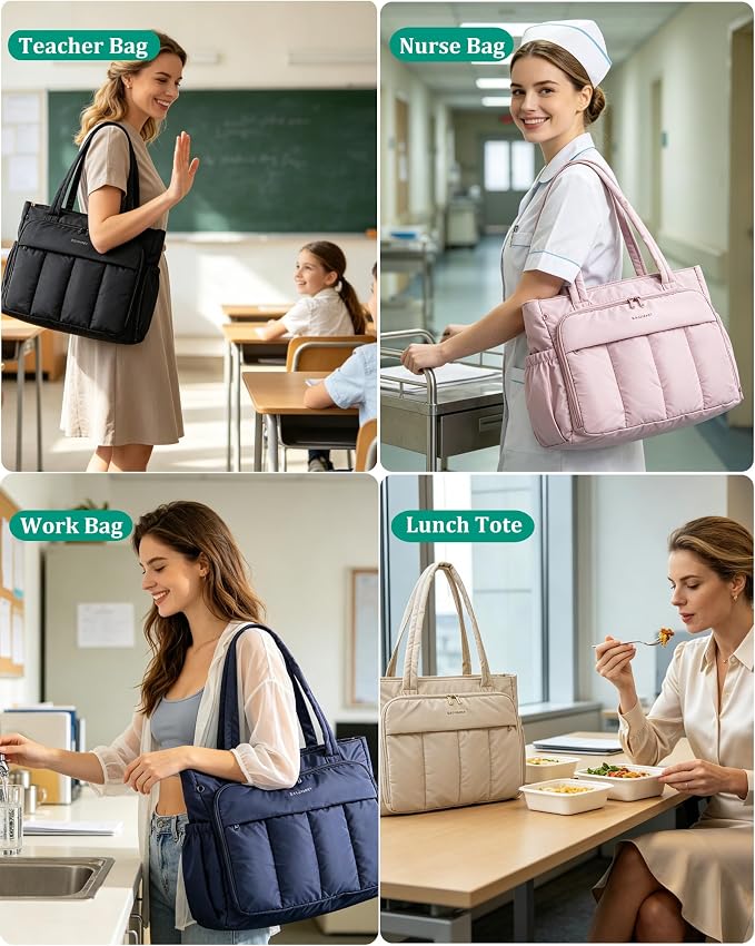 BAGSMART Tote Bag for Women, Puffy Work Tote Bag with Zipper, Quilted Large Teacher Bag for Work, Travel - Image 2