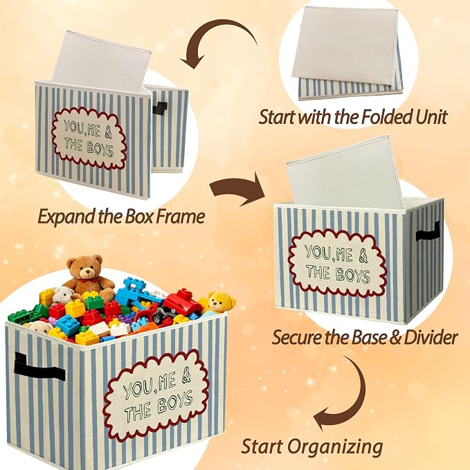 Rustic Boys Playroom Storage Bins & Boxes with Handles | toys books clothes, you me & the boys blue striped nursery foldable basket for organizing bedroom toddler room playroom - Image 6
