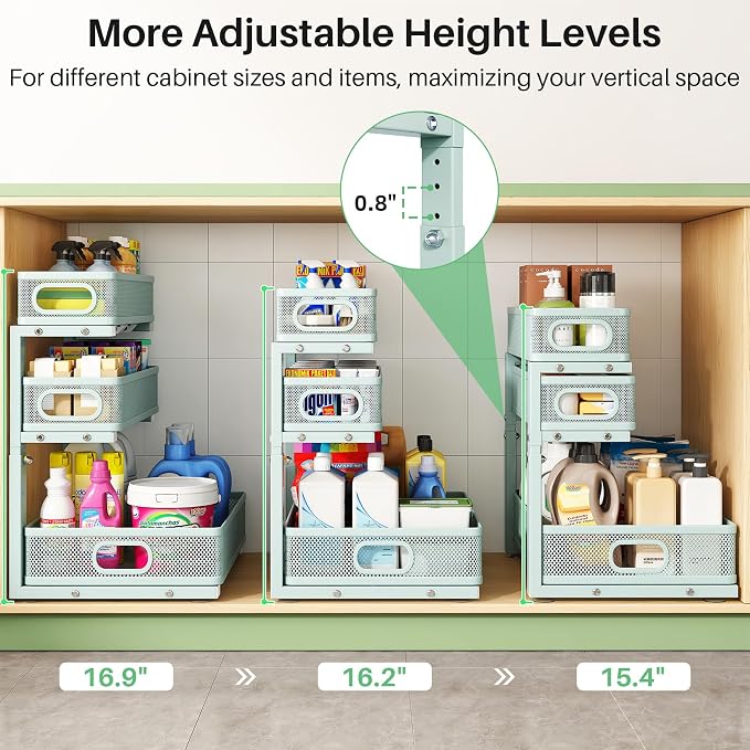 Under Sink Organizer, 2-Pack 3-Tier Height Adjustable Thickened Metal Pull out Cabinet Organizer Shelf, Slide out Storage Drawer Rack for Bathroom Kitchen Pantry Home Organization, LightBlue - Image 8