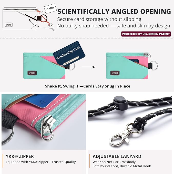 RFID Blocking Travel Wallet with Adjustable Lanyard, Small Nylon Zipper Pouch and Badge Holder for ID, Credit Cards, Cash, Keys, Commuters (Mint Aqua+Pink) - Image 5