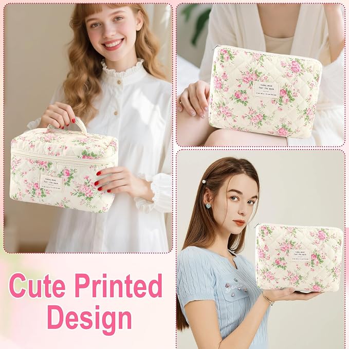 URSKYTOUS 2Pcs Cotton Quilted Makeup Bag for Women Extra Large Small Travel Cosmetic Bag Set Cute Pink Floral Print Makeup Pouch Portable Toiletry Bag Organizer Coquette Vintage Puffy Travel Essential - Image 6