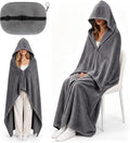 Hooded Wearable Fleece Travel Blanket Airplane with Snap Closure, Foldable Travel Pillow, Compact Carry Carabiner Strap, Soft 60''x50'' Fleece Blanket for Plane Office Gift(Grey) by Unknown