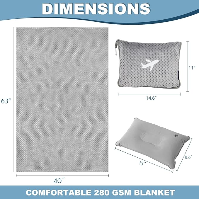 Travel Blanket Airplane Compact with Bag, Travel Essentials 3 in 1 Packable Airplane Blanket, Travel Pillow and Blanket Set, Inflatable Pillow, Luggage Sleeve & Backpack Clip (Light Grey) - Image 7