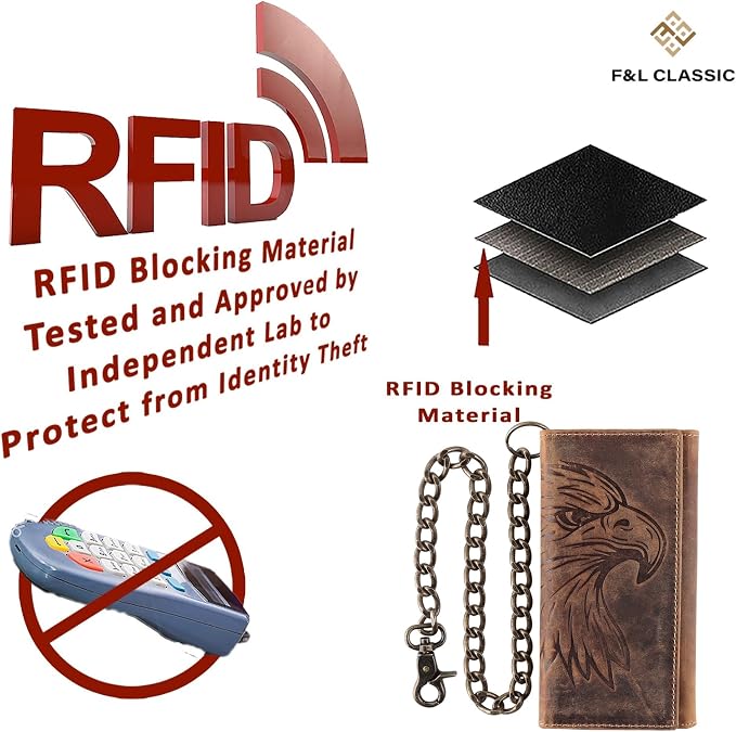 F&L CLASSIC RFID Blocking Mens Tri-fold Long Style Cowhide Leather Steel Chain Wallet,brown eagle head,212-102 - Image 7