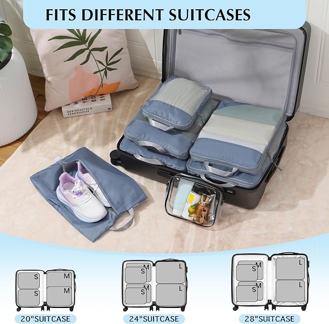 PFEYRPK Lightweight Compression Packing Cubes for Suitcases, Compressible Expandable Travel Packing Organizer with Clear Toiletries and Backpack Bag, Travel Essentials for Carry on Luggage 7 Set - Image 5